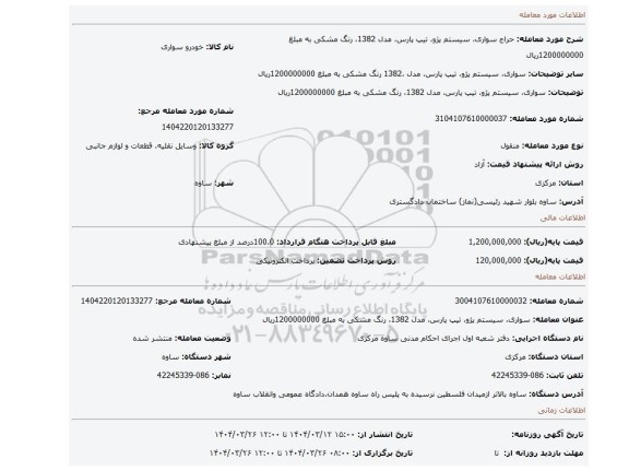 مزایده، سواری، سیستم پژو،  تیپ پارس، مدل 1382، رنگ مشکی به مبلغ 1200000000ریال
