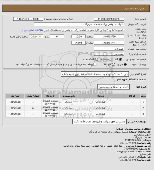 استعلام خرید 8 دستگاه کولر جهت پستهای انتقال و فوق توزیع ناحیه میناب