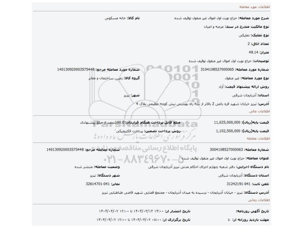 مزایده، حراج نوبت اول اموال غیر منقول توقیف شده