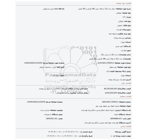 مزایده، سه دانگ از پلاک ثبتی 180 فرعی از 28 اصلی