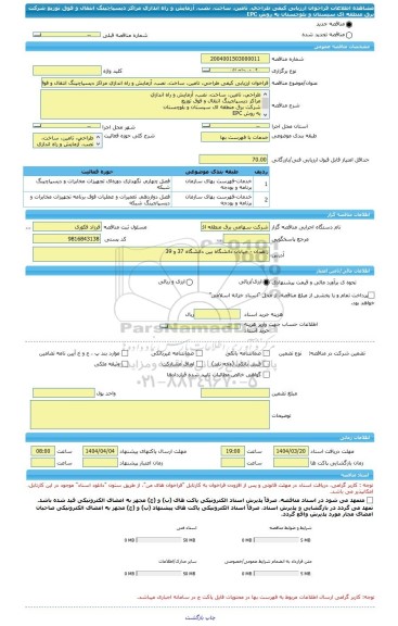 مناقصه، فراخوان ارزیابی کیفی طراحی، تامین، ساخت، نصب، آزمایش و راه اندازی مراکز دیسپاچینگ انتقال و فوق توزیع شرکت برق منطقه ای سیستان و بلوچستان  به روش EPC