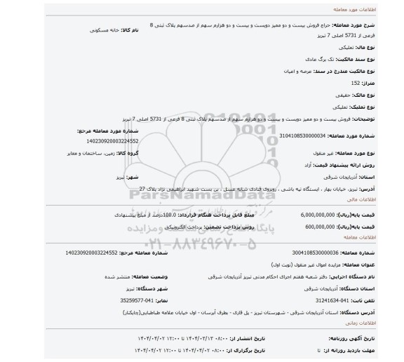 مزایده، فروش بیست و دو ممیز دویست و بیست و دو هزارم سهم از صدسهم پلاک ثبتی 8 فرعی از 5731 اصلی 7 تبریز