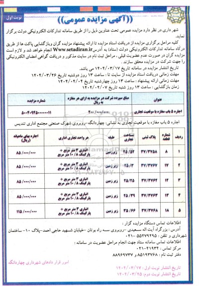 مزایده اجاره 5 باب مغازه با موقعیت تجاری