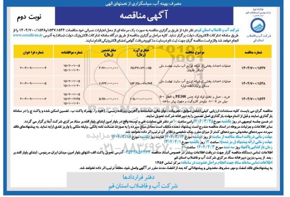 مناقصه عملیات احداث بخشی از شبکه توزیع آب سایت نهضت ملی ...- نوبت دوم