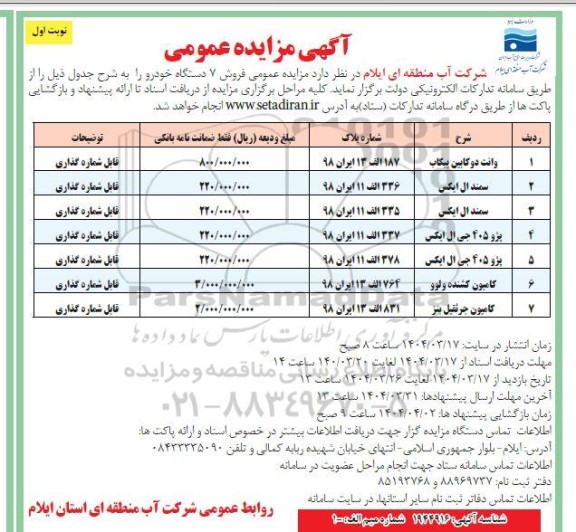 مزایده عمومی فروش 7 دستگاه خودرو