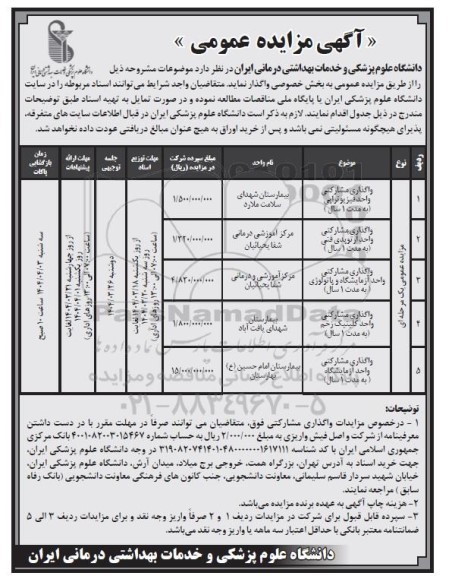 مزایده واگذاری مشارکتی واحد فیزیوتراپی ...