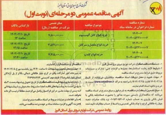 مناقصه خرید انواع کابل آلومینیوم ...