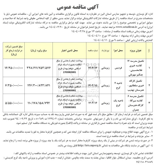 مناقصه تکمیل مدرسه 12 کلاسه خیری