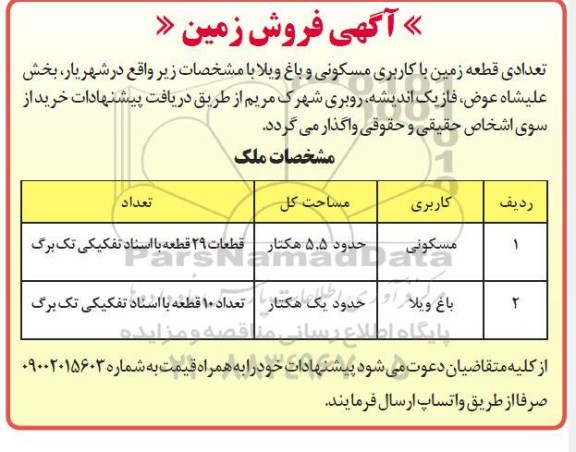 مزایده واگذاری تعدادی قطعه زمین مسکونی و باغ ویلا