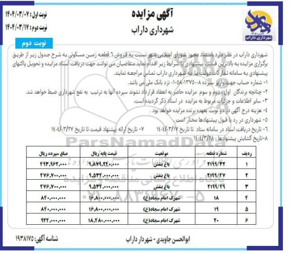 مزایده فروش 6 قطعه زمین مسکونی- نوبت دوم