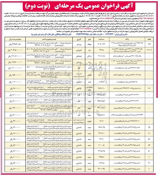 فراخوان عمومی واگذاری 21 قطعه ملک با کاربری ورزشی، آموزشی، فرهنگی، انبار ... نوبت دوم