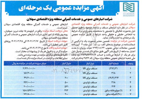مزایده واگذاری انبارهای مسقف و بارانداز موجود ...