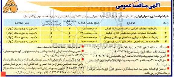 مناقصه باقیمانده عملیات اجرایی ساختمان پیمانکار اصلی...