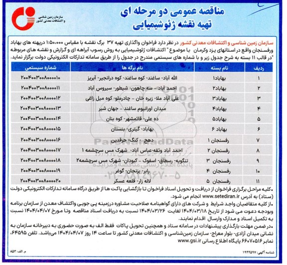 مناقصه عمومی دو مرحله ای تهیه نقشه ژئوشیمیایی 