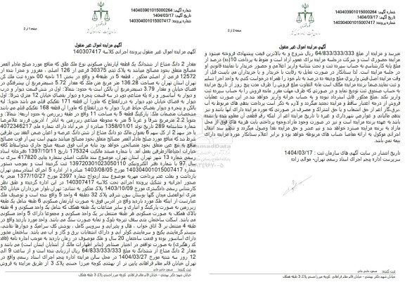 مزایده فروش یک قطعه آپارتمان مسکونی با پلاک ثبتی 30375 فرعی از 126 اصلی