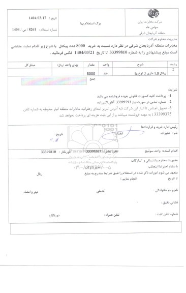 استعلام خرید 8000 عدد پیکتل 
