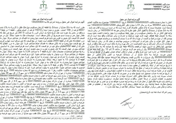 مزایده فروش سه دانگ از ششدانگ یک آپارتمان مسکونی با پلاک ثبتی 8657 فرعی از 156 اصلی