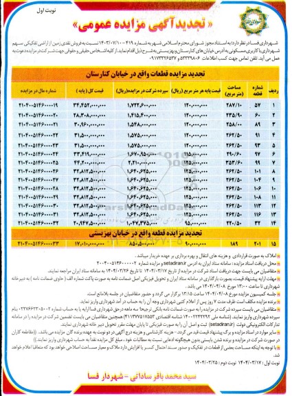 تجدید مزایده فروش نقدی زمین از اراضی تفکیکی سهم شهرداری با کاربری مسکونی