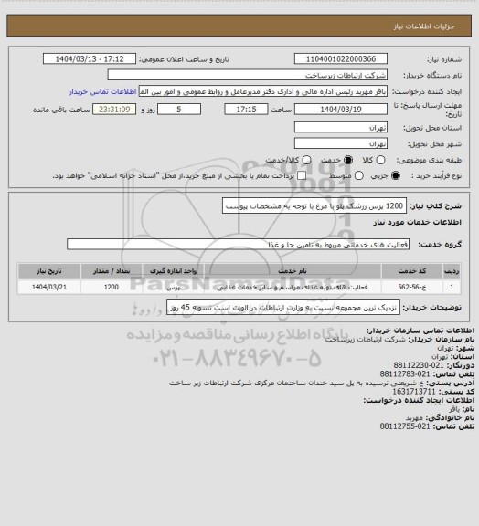 استعلام 1200 پرس زرشک پلو با مرغ با توجه به مشخصات پیوست