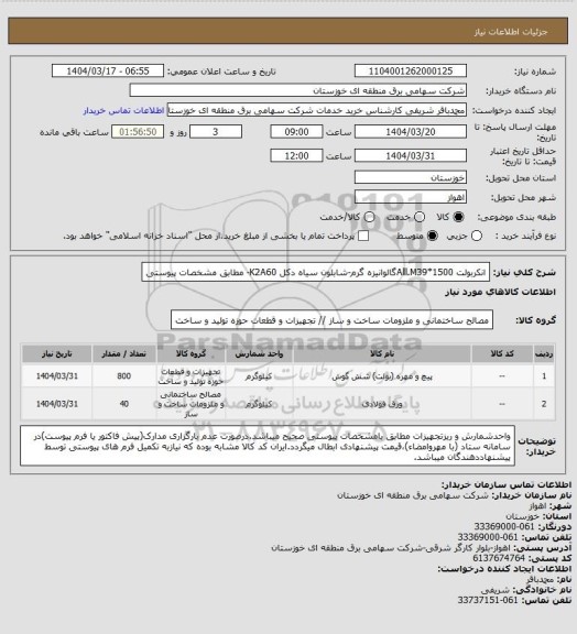 استعلام انکربولت Alll.M39*1500گالوانیزه گرم-شابلون سیاه دکل K2A60- مطابق مشخصات پیوستی