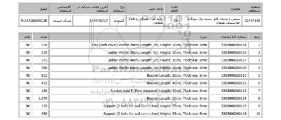 استعلام سینی و نردبان کابل پست برق نیروگاه خورشیدی بهبهان