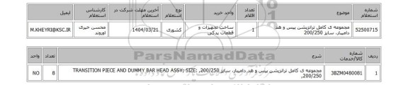 استعلام مجموعه ی کامل ترانزیشن پیس و هد دامیبار، سایز 200/250
