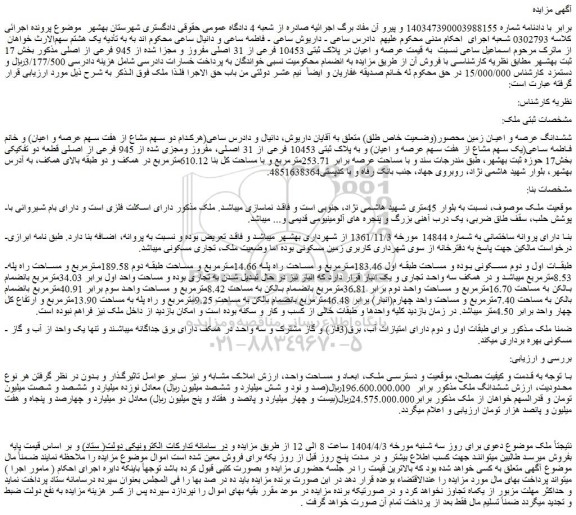 مزایده ششدانگ عرصه و اعیان زمین محصور(وضعیت خاص طلق) (هرکدام دو سهم مشاع از هفت سهم عرصه و اعیان)