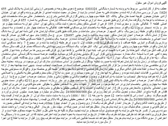 مزایده عرصه واعیان یک دستگاه آپارتمان مسکونی به شماره 655 فرعی از 1624 اصلی قطعه 7 تفکیکی مفروز و مجزی شده از 195 فرعی از اصلی