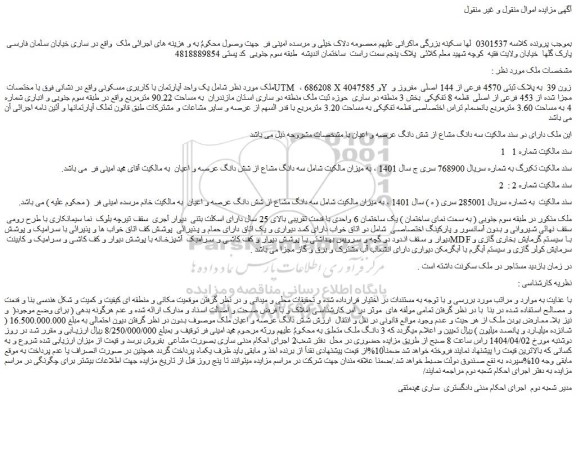 مزایده یک واحد آپارتمان با کاربری مسکونی