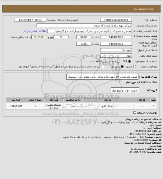 استعلام شش قلم معادل 150 عدد لوازم یدکی خودرو مطابق شرح پیوست.
