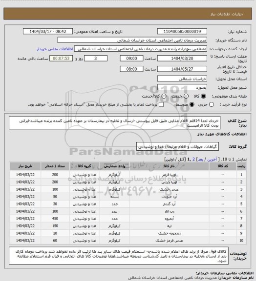 استعلام خردی تعدا 14قلم اقلام غذایی طبق فایل پیوستی -ارسال و تخلیه در بیمارستان بر عهده تامین کننده برنده  میباشد-ایرانی بودن کالا الزامیست