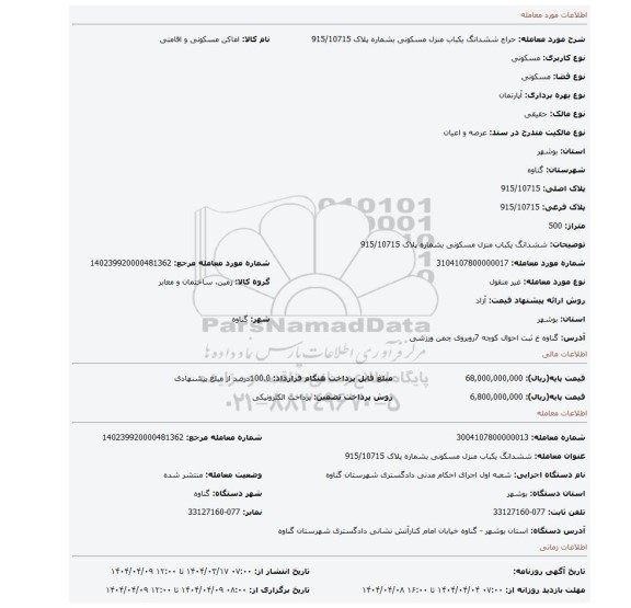 مزایده، ششدانگ یکباب منزل مسکونی بشماره پلاک 915/10715