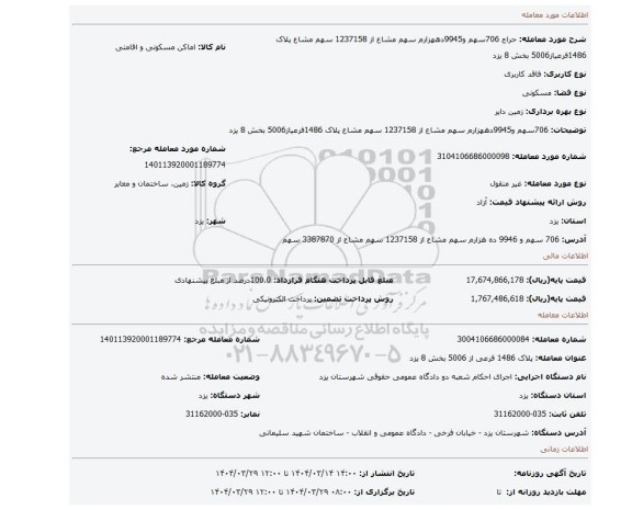 مزایده، 706سهم و9945دههزارم سهم مشاع از 1237158 سهم مشاع پلاک 1486فرعیاز5006 بخش 8 یزد