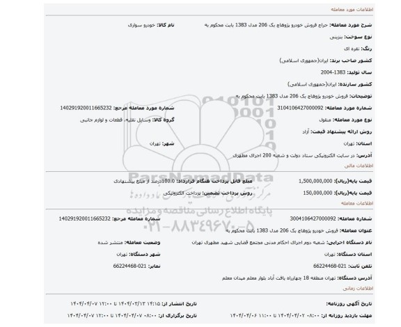 مزایده، فروش خودرو پژوهاچ بک 206 مدل 1383  بابت محکوم به
