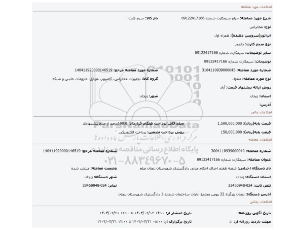 مزایده، سیمکارت شماره 09122417166