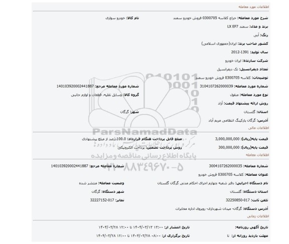 مزایده، کلاسه 0300705 فروش خودرو سمند