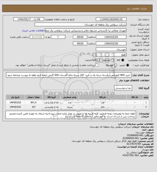 استعلام خرید 800 کیلو قند شکسته درجه یک و 
خرید 167 بسته چای گلستان 500 گرمی جعبه قرمز لطفا به پیوست مراجعه شود