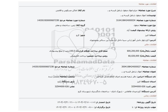 مزایده، اموال منقول شامل البسه و...