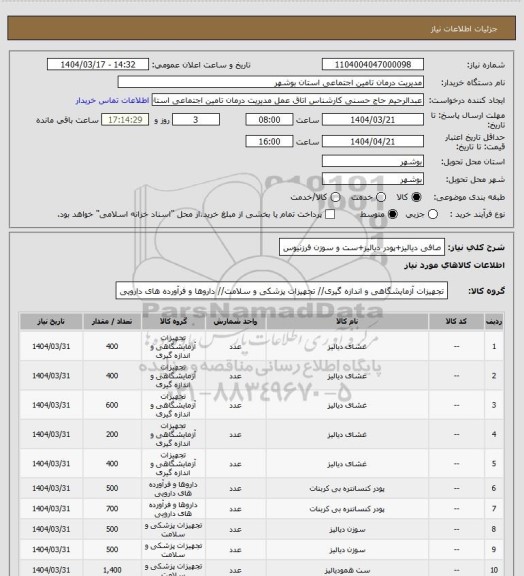 استعلام صافی دیالیز+پودر دیالیز+ست و سوزن فرزنیوس