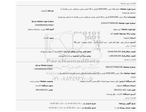 مزایده، پلاک ثبتی 5335.5361 فرعی از 33 اصلی بخش دو ملکی حسن هادیان تا شاخص روز مزایده