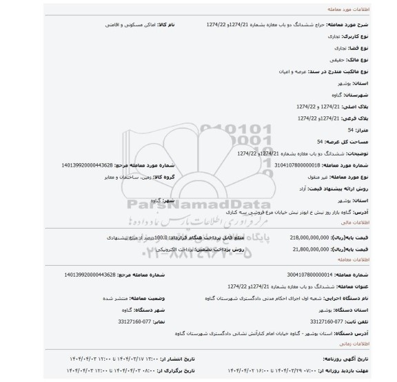مزایده، ششدانگ دو باب مغازه بشماره 1274/21و 1274/22