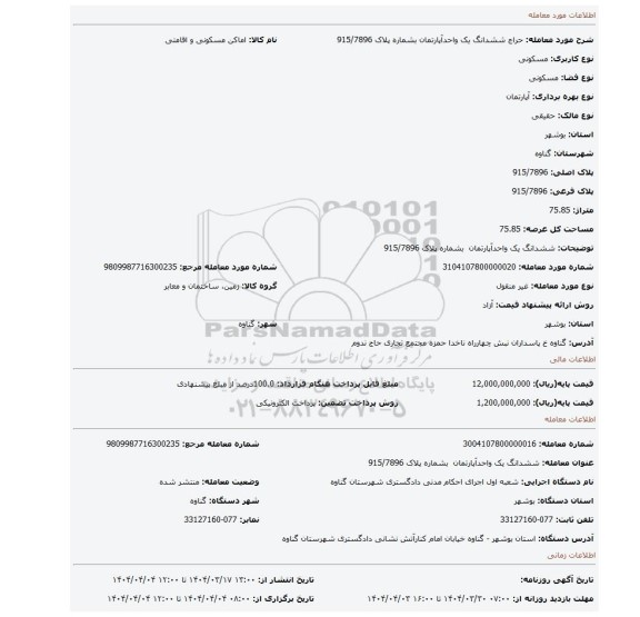 مزایده، ششدانگ یک واحدآپارتمان بشماره پلاک 915/7896