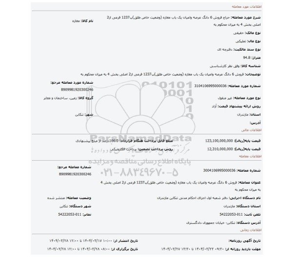 مزایده، فروش 6 دانگ عرصه واعیان یک باب مغازه (وضعیت خاص طلق)پ1237 فرعی از2 اصلی بخش 4 به میزان محکوم به