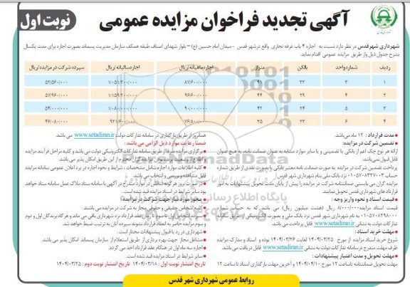 فراخوان مزایده اجاره 4 باب غرفه تجاری- تجدید