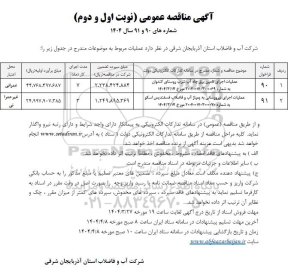 مناقصه عملیات اجرای تامین برق چاه آب شرب ....