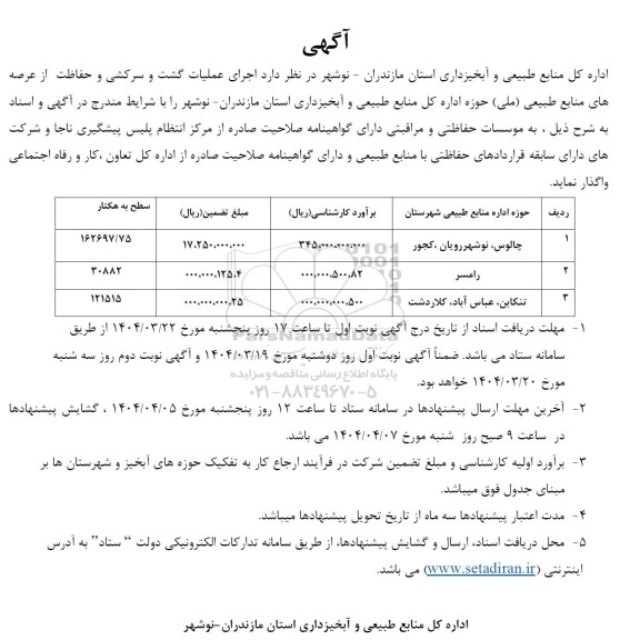 مناقصه اجرای عملیات گشت و سرکشی و حفاظت از عرصه های منابع طبیعی