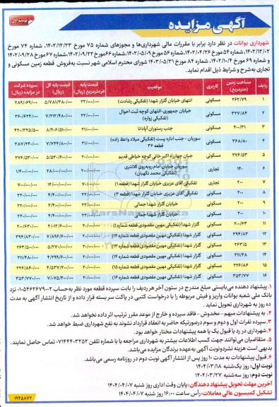 مزایده فروش قطعه زمین مسکونی و تجاری 