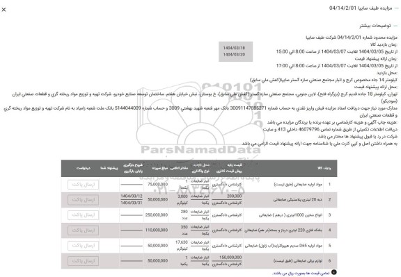 مزایده دبه 20 لیتری پلاستیکی ضایعاتی ...