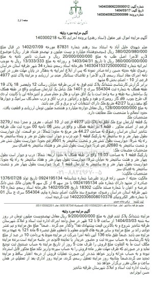 مزایده ششدانگ پلاک ثبتی مساحت 44.27 مترمربع