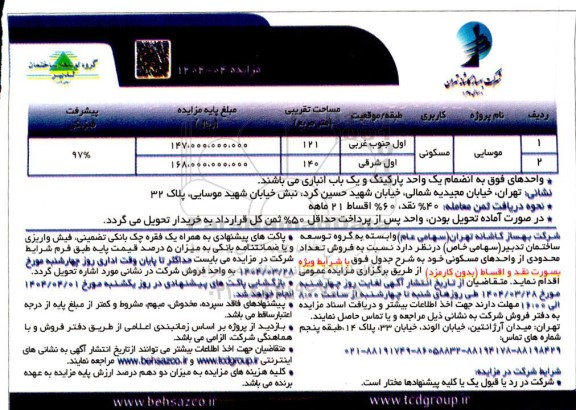 مزایده فروش تعداد محدودی از واحدهای مسکونی 